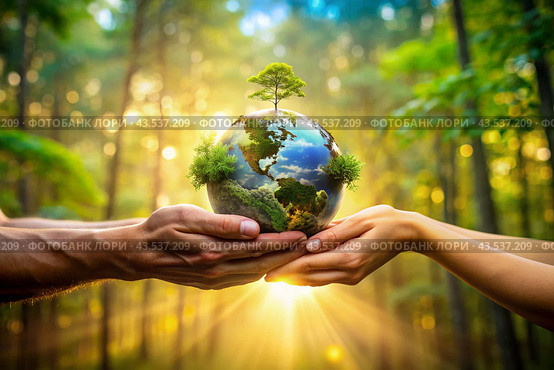 Female and male hands hold a small model of the Earth. Revival. Caring for the planet, ecological awareness and the unity of people in nature conservation. Стоковое AI-изображение, AI-художник Photojuli / Фотобанк Лори