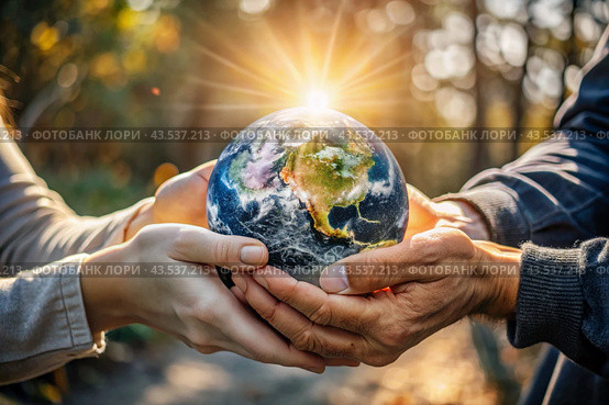 Female and male hands hold a small model of the Earth. Revival. Caring for the planet, ecological awareness and the unity of people in nature conservation. Стоковое AI-изображение, AI-художник Photojuli / Фотобанк Лори