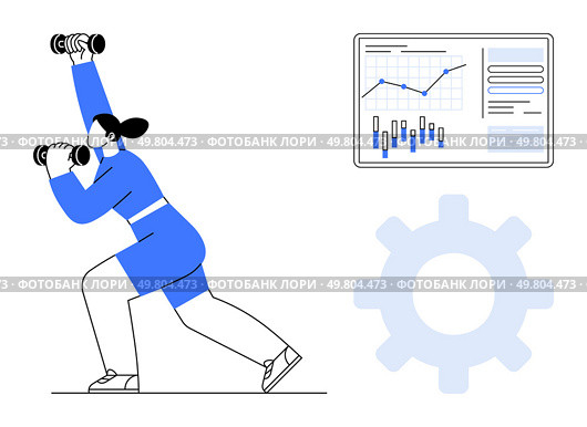 Female athlete lifting dumbbells, a data chart with graphs and metrics, and a gear icon. Ideal for fitness tracking, health monitoring, data analytics, exercise improvement, performance benchmarking. Female athlete lifting dumbbells next to data chart and gear icon, symbolizing fitness analytics and performance. Стоковая иллюстрация, агентство Ingram Publishing / Фотобанк Лори