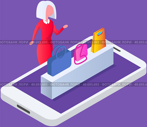 Female buyer chooses handbag at exhibition. Lady customer trying on new clutch bag in shopping mall. Choosing clothes and accessories in store concept. Stylish woman in store or fashion boutique. Choosing clothes and accessories in store concept. Female buyer chooses handbag while shopping. Стоковая иллюстрация, агентство Ingram Publishing / Фотобанк Лори