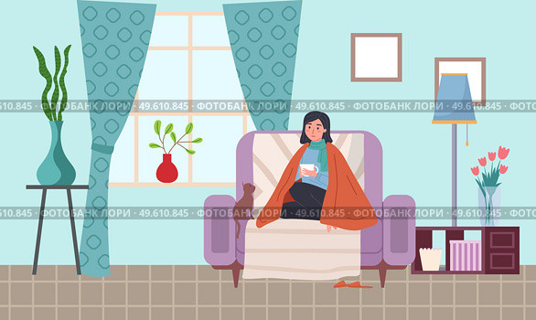 Female character is having a cold and sitting in armchair. Cat owner is sick at home vector illustration. The kitten sits next to the woman and looks at her. Girl being treated for flu in apartment. Female character having cold and sitting in armchair. Cat owner is sick at home vector illustration. Стоковая иллюстрация, агентство Ingram Publishing / Фотобанк Лори
