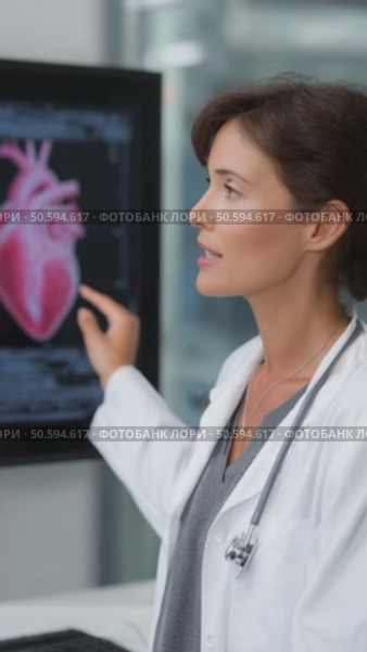 Female doctor explaining human heart anatomy on digital screen. Стоковое AI-видео, аниматор Юрий Поздников / Фотобанк Лори