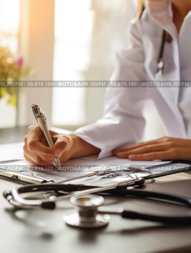 Female doctor writing on clipboard with stethoscope on desk. Excellent for healthcare articles, medical branding, or professional clinic content. Стоковое AI-изображение, AI-художник Александра Троицкая / Фотобанк Лори