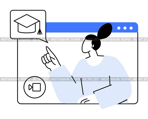Female figure pointing at a graduation cap icon within a video call interface on a browser window. Ideal for education, online learning, webinars, virtual classrooms, e-learning platforms.. Woman Pointing at Graduation Icon in Video Call Interface with Blue Highlighted Browser Window. Стоковая иллюстрация, агентство Ingram Publishing / Фотобанк Лори