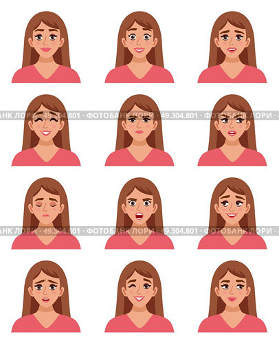 Female Go-to Faces Set. Female avatar expressions set with isolated woman images of sorrow anger happiness satisfaction surprise joy amazement vector illustration. Стоковая иллюстрация, агентство Ingram Publishing / Фотобанк Лори