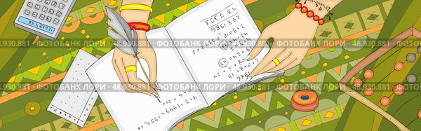 Female hand write with a pen in a notebook
. Стоковая иллюстрация, агентство Ingram Publishing / Фотобанк Лори