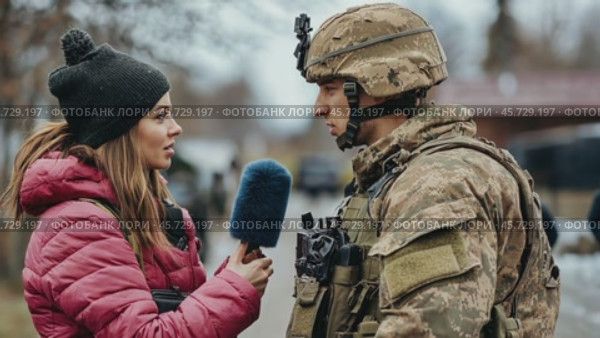 Female journalist interviewing soldier in uniform outdoors. Стоковое AI-видео, аниматор Юрий Поздников / Фотобанк Лори