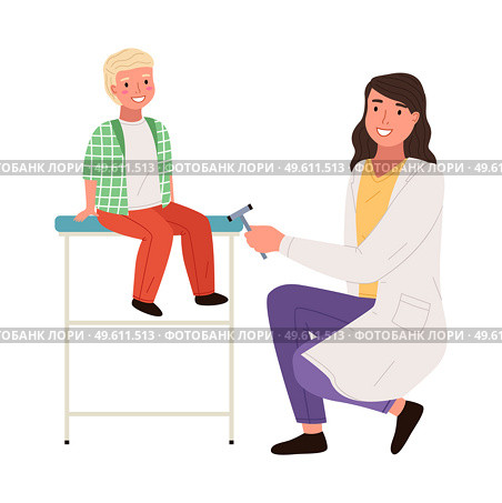 Female neuropathologist examining child use reflex hammer. Boy at appointment with doctor. Kid is visiting doctor during regular medical checkup isolated on white background. Physician works at clinic. Female neuropathologist examining child use reflex hammer. Boy at the appointment with doctor. Стоковая иллюстрация, агентство Ingram Publishing / Фотобанк Лори