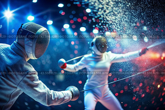 Fencers in the arena with rapiers in their hands during training are fighting a duel. Sports fencing. Fencing is a type of Summer Olympic Games. Стоковое AI-изображение, AI-художник Photojuli / Фотобанк Лори