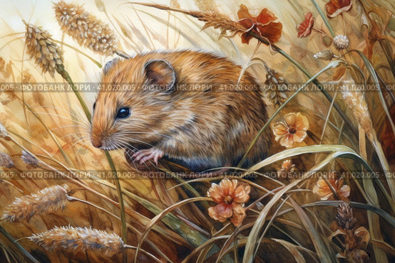 Field mouse among the grass, watercolor style, Generative AI. Стоковое AI-изображение, AI-художник Анна Кривицкая / Фотобанк Лори