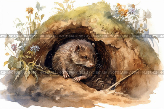 Field mouse in a hole in the ground, watercolor painting , Generative AI. Стоковое AI-изображение, AI-художник Анна Кривицкая / Фотобанк Лори