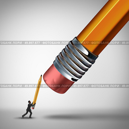 Fight the establishment business challenge concept and underdog metaphor as a businessman defending himself against a giant pencil eraser as a symbol for fighting the established big power or preventing job cuts with 3D illustration elements. Стоковое фото, агентство Ingram Publishing / Фотобанк Лори