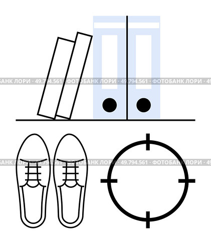 Files and books on shelf with shoes and target symbol below them. Ideal for business planning, productivity, career objectives, office organization, strategic planning, professional development. Line. Office Books and Files on a Shelf with Pair of Shoes and Target Symbol for Goals and Productivity. Стоковая иллюстрация, агентство Ingram Publishing / Фотобанк Лори