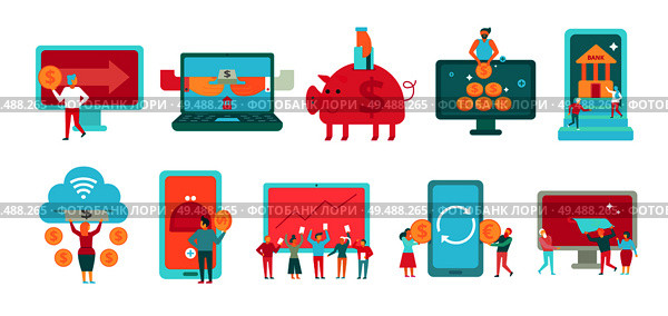 Finance set of flat icons with internet banking digital stock exchange online payments system isolated vector illustration. Стоковая иллюстрация, агентство Ingram Publishing / Фотобанк Лори