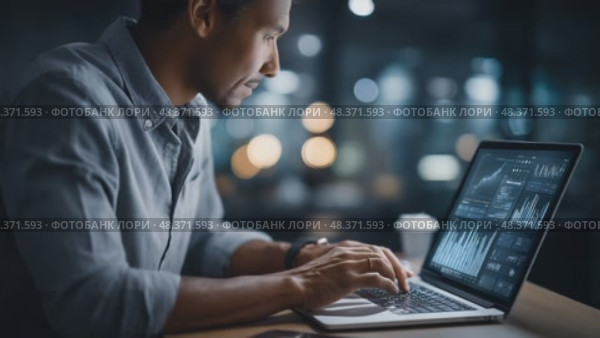 Financial analyst working late on laptop, analyzing charts and graphs. Стоковое AI-видео, аниматор Юрий Поздников / Фотобанк Лори