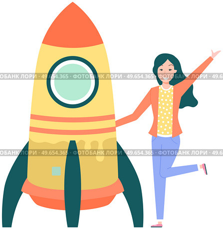 Financial assets and rocket with ready to be launched. Launching new startup, creating project. Woman standing near spaceship, rocket as symbol of startup. Creative idea, business project concept. Financial assets and rocket with ready to be launched. Launching new startup, creating project. Стоковая иллюстрация, агентство Ingram Publishing / Фотобанк Лори