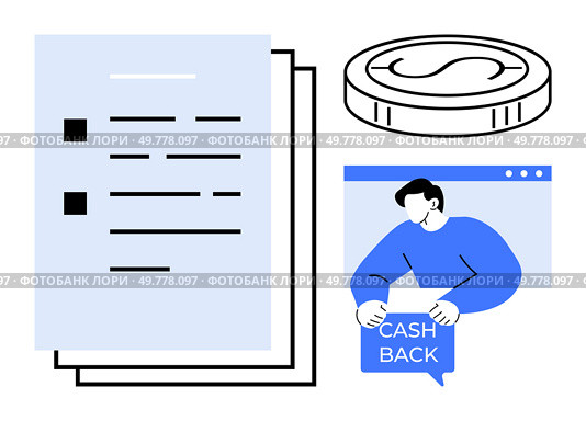 Financial document and coin represent monetary dealings with person holding cash back sign symbolizing savings. Ideal for finance, budgeting, savings, investments, money management topics. Simple. Financial Document with Coins and Cashback Concept in Blue and White. Стоковая иллюстрация, агентство Ingram Publishing / Фотобанк Лори