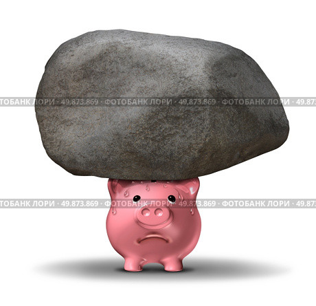 Financial pressure and the emotional stress of money worries business savings concept caused by the burden of heavy debt with a worried piggy bank supporting a giant rock. Стоковое фото, агентство Ingram Publishing / Фотобанк Лори