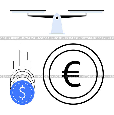 Financial scales balancing Euro and dollar symbols, indicating currency balance and exchange rates. Ideal for finance, banking, investment, economics, trade, global markets macroeconomics. Line. Balancing financial scales with Euro symbol and stack of falling dollar coins. Стоковая иллюстрация, агентство Ingram Publishing / Фотобанк Лори