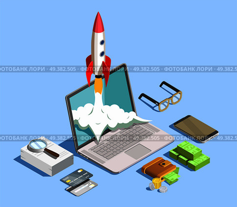 Financial technology design concept with laptop smartphone stack of banknotes signs fraud detection and startup symbols isometric vector illustration . Financial Technology Isometric Design Concept. Стоковая иллюстрация, агентство Ingram Publishing / Фотобанк Лори