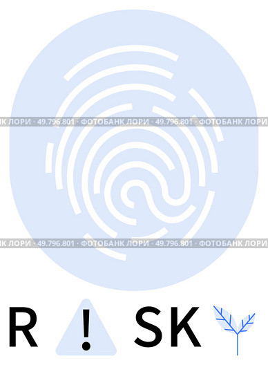 Fingerprint pattern in light blue with the word RISKY below. Ideal for cybersecurity, personal identity, data protection, risk assessment, technology, authentication, security awareness. Line. Fingerprint in Light Blue Combined with the Word RISKY Highlighting Cybersecurity Concerns. Стоковая иллюстрация, агентство Ingram Publishing / Фотобанк Лори