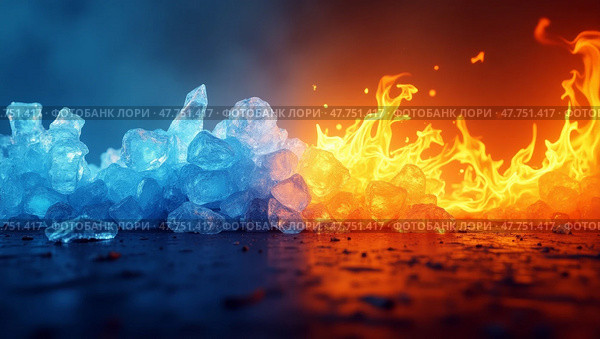 Fire and ice elemental clash. Стоковое AI-изображение, AI-художник Андрей Бакусов / Фотобанк Лори
