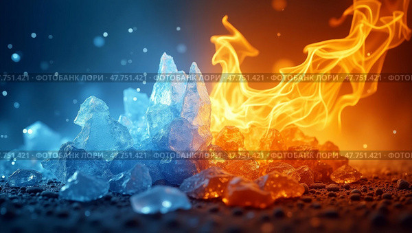Fire and ice elemental contrast. Стоковое AI-изображение, AI-художник Андрей Бакусов / Фотобанк Лори