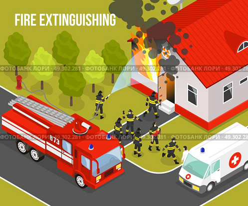 Fire Department Composition. Colored fire department composition with situation fire extinguishing an apartment building and headline vector illustration. Стоковая иллюстрация, агентство Ingram Publishing / Фотобанк Лори