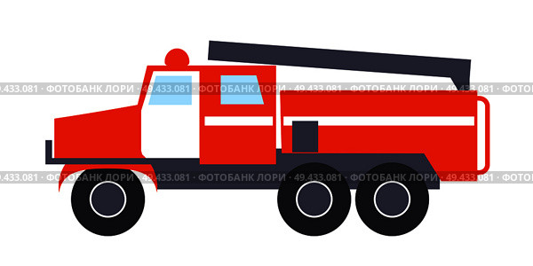 Fire engine with ladder, big round wheels, two windows, siren, white doors, big compartment in the rear isolated vector illustration on white. Fire engine with Ladder Isolated Illustration. Стоковая иллюстрация, агентство Ingram Publishing / Фотобанк Лори