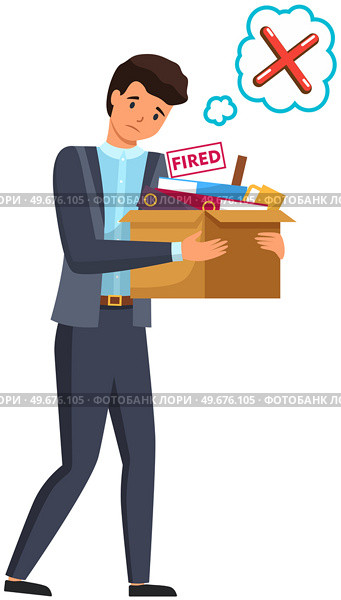 Fired worker with box of things refuses, says no. Office employee loses his job. Frustrated male character with cardboard box after dismissal and disagree icon, red cross sticker in speech bubble. Frustrated man with cardboard box after dismissal and disagree icon, red cross in speech bubble. Стоковая иллюстрация, агентство Ingram Publishing / Фотобанк Лори