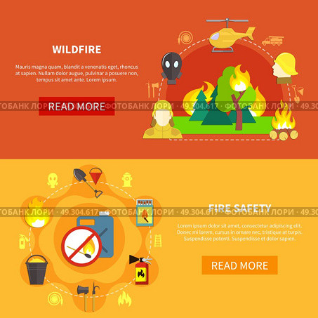 Firefighting Banners Set. Firefighting safety tools and forest windfire horizontal banners set flat isolated vector illustration. Стоковая иллюстрация, агентство Ingram Publishing / Фотобанк Лори