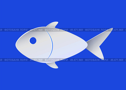 Fish sample icon symbol of nautical marine life. Paper cut white relief fingerling vector illustration in minimalistic style isolated on blue backdrop. Fish Sample Icon Symbol of Nautical Marine Life. Стоковая иллюстрация, агентство Ingram Publishing / Фотобанк Лори