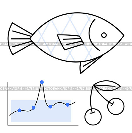 Fish with geometric pattern line graph with data points and cherries outline. Ideal for themes of balance, growth, statistics, nature, sustainability, harmony, minimalism. Line metaphor. Abstract Fish with Graph and Cherry Elements Symbolizing Balance and Growth. Стоковая иллюстрация, агентство Ingram Publishing / Фотобанк Лори