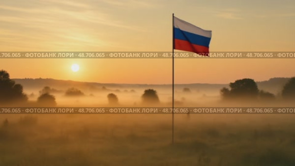 Флаг России возвышается на туманном поле на рассвете. Яркие цвета флага контрастируют с мягким утренним светом, символизируя национальную гордость в День России. Стоковое AI-видео, аниматор Ольга Невская / Фотобанк Лори