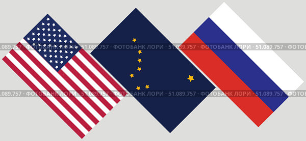 Флаг Соединенных Штатов Америки, флаг Аляски и флаг Российской Федерации. Векторная иллюстрация. Стоковая иллюстрация, иллюстратор Photolart / Фотобанк Лори