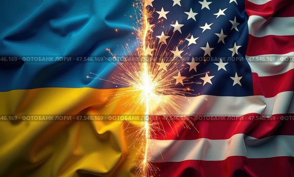 Флаг Украины и США трутся с искрами. Концепция конфронтации. Стоковое AI-изображение, AI-художник Илья Старков / Фотобанк Лори