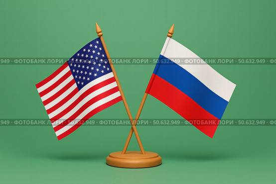 Флаги США и России на зелёном фоне, перекрещенные на деревянной подставке. Стоковое AI-изображение, AI-художник Башкирова Анна / Фотобанк Лори