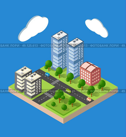 Flat 3d isometric urban city infographic concept. Township center map with buildings, shops and roads on the plane. Стоковая иллюстрация, агентство Ingram Publishing / Фотобанк Лори