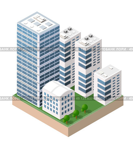Flat 3d isometric urban city infographic concept. Township center map with buildings, shops and roads on the plane. Стоковая иллюстрация, агентство Ingram Publishing / Фотобанк Лори