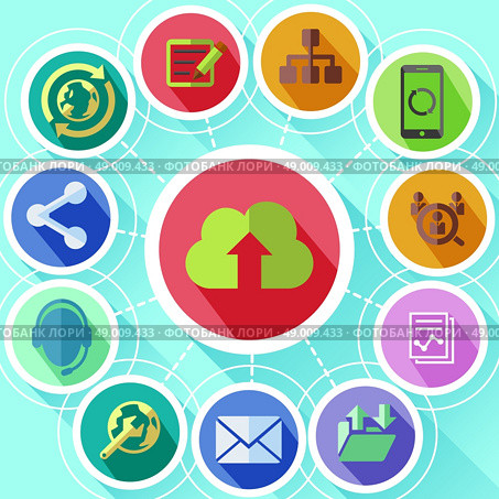Flat design concept for cloud computing services, cloud synchronization, data storage, IT support, sharing information and cloud network. Стоковая иллюстрация, агентство Ingram Publishing / Фотобанк Лори