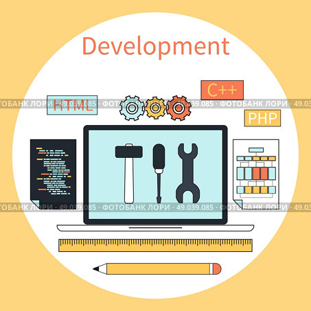 Flat design concept for web development with laptop, tools, programing code in circle frame on yellow background. Стоковая иллюстрация, агентство Ingram Publishing / Фотобанк Лори