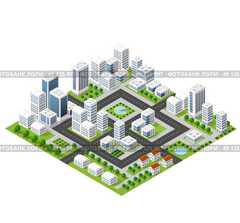 Flat isometric map, landscape city, building skyscraper, picture of the nature, parks, cafe, landmarks. Vector 3d top view block dormitory area. Стоковая иллюстрация, агентство Ingram Publishing / Фотобанк Лори