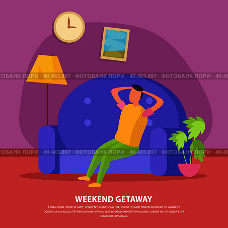 Flat lazy weekends people composition with weekend getaway description and man sit on the couch vector illustration. Стоковая иллюстрация, агентство Ingram Publishing / Фотобанк Лори