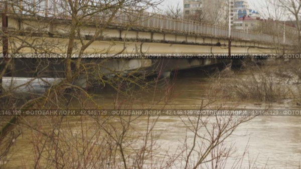 Flood disaster, heavy water flow in a river after a rainstorm. A weather disaster. Muddy river through tree branches. Water almost reaches the top of a car bridge. Natural disasters, extreme weather. Стоковое видео, видеограф Воловодов Владимир / Фотобанк Лори