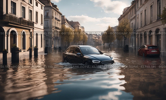 Flooding in european country, washed out street, destroyed furniture, cars floating in the water. Flooding river flooded town house. Natural disaster, global heating concept, AI. Стоковое AI-изображение, AI-художник Sergey Grishin / Фотобанк Лори