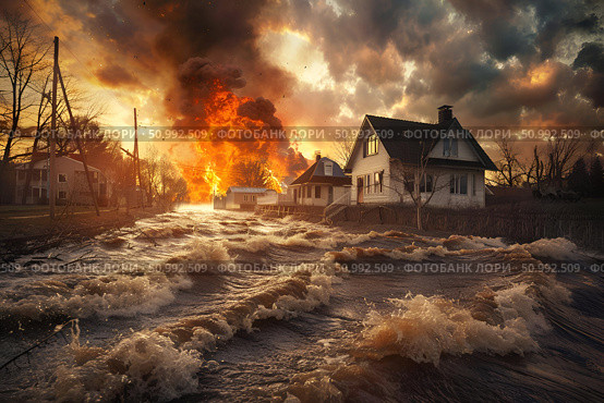 Floodwaters surging through a residential area during a firestorm, illustrating the compound impact of natural disasters. For educational, urban planning, and disaster response materials. Стоковое AI-изображение, AI-художник Лариса Пономарева / Фотобанк Лори