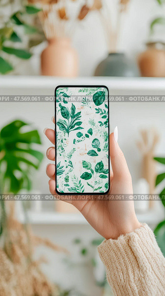 Flora on Screen: Hand Holding Smart gizmo Displaying Botanical Illustration for Green Living App Advertisements, Minimalist Home Staging. Стоковое AI-изображение, AI-художник Данила Большаков / Фотобанк Лори