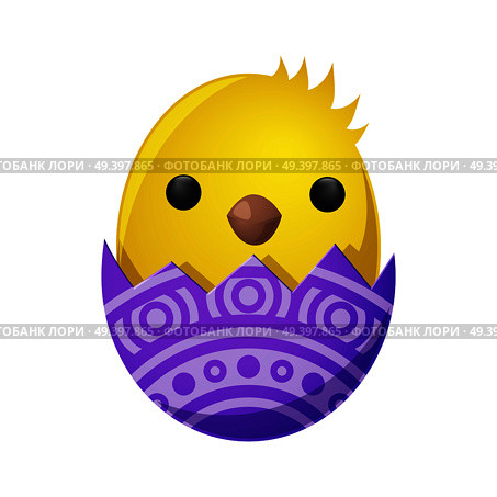 Fluffy spring yellow newborn chick hatched from shell with ornamental decor isolated on white. Mascots of Easter celebration, chicken as symbols of new life vector illustration. Friendly feast animals. Newborn Chicken Hatch from Shell Vector Decoration. Стоковая иллюстрация, агентство Ingram Publishing / Фотобанк Лори
