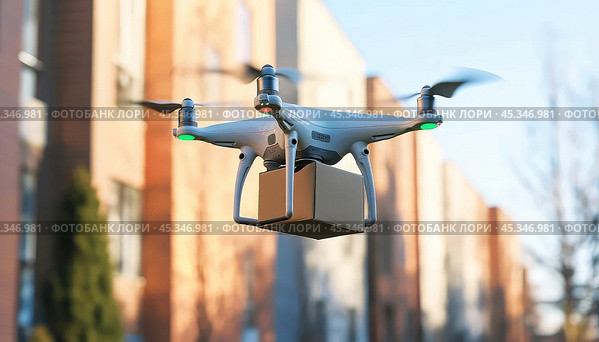 Flying drone delivers package by air in city with residential buildings in background close-up. Стоковое AI-изображение, AI-художник Александр Довянский / Фотобанк Лори