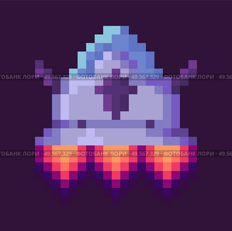 Flying ufo or space-rocket, power element of space pixel game, galaxy ship with shuttle, pixelated spaceship with fire, cosmic vehicle invader vector, pixelated cosmic object for mobile app games. Spaceship of Pixel Space Game, Cosmic War Vector. Стоковая иллюстрация, агентство Ingram Publishing / Фотобанк Лори